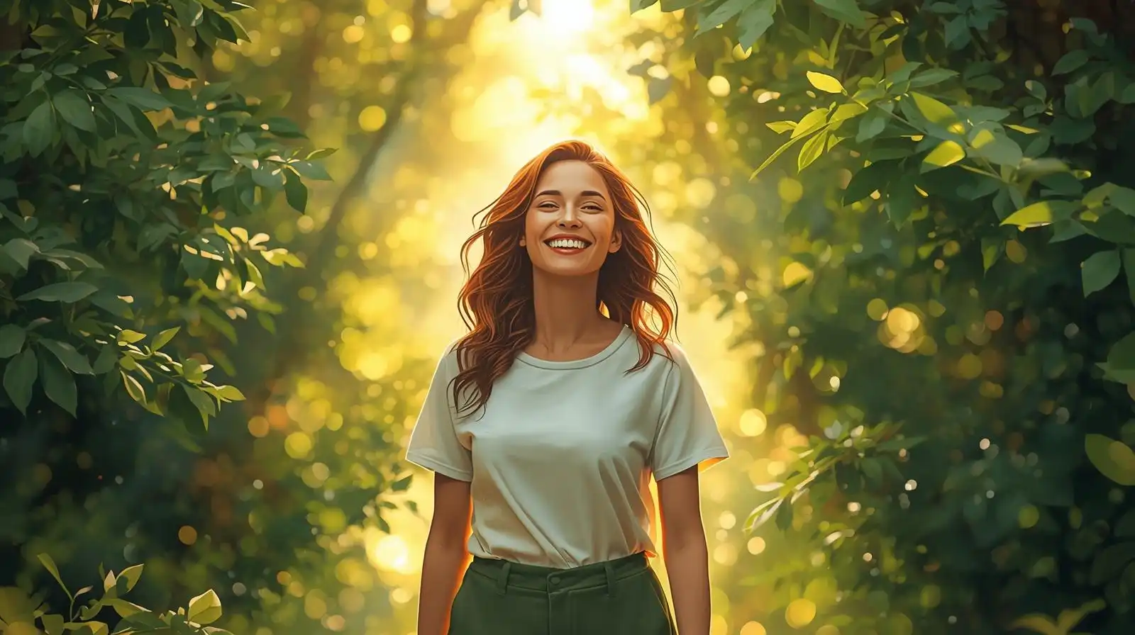 Femme moderne et souriante marchant dans une forêt lumineuse, symbole de santé multidimensionnelle, de vitalité et de reconnexion à soi.